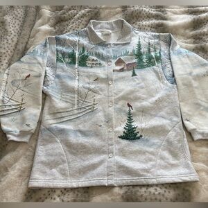 Vintage Bernie’s Glen Winter Snow Scene Farm House Botton Down Fleece